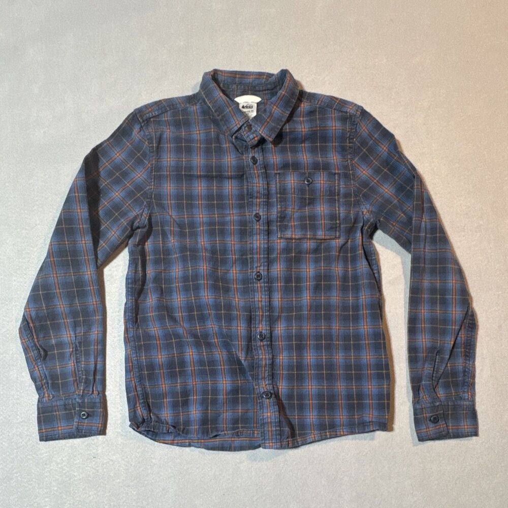 REI Co-op Boys Large Blue Orange Plaid Button-Up Shirt Pockets